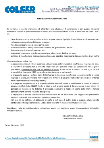 COVID19: informativa per i lavoratori Colser | aggiornata 20.03.2020